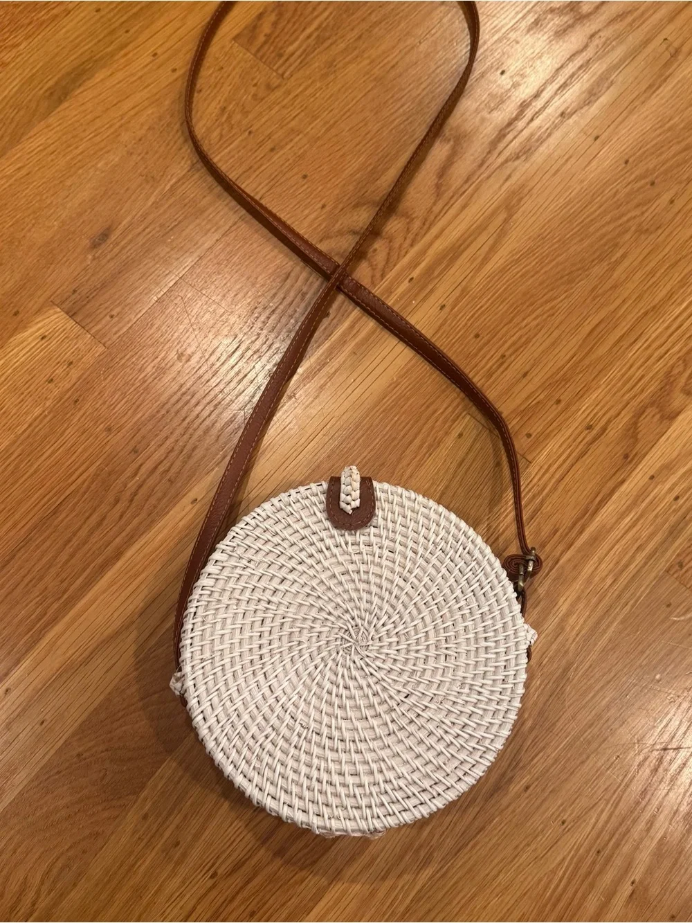Woven Round Crossbody Bag - White with Brown Trim